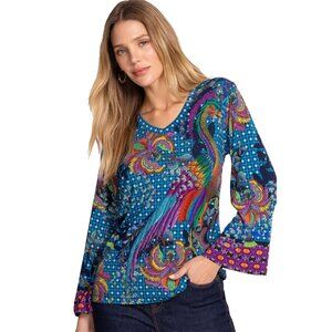 Johnny Was Janie Favorite Thalassa Kimono Peacock Floral Tee Shirt Blue Top NEW